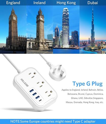 أيرلندا المملكة المتحدة محول التوصيل السفر، نوع G محول الطاقة مع 3 منافذ 4 شاحن USB، للولايات المتحدة الأمريكية إلى إنجلترا اسكتلندا كينيا دبي لندن البريطانية قطر الأيرلندية هونغ كونغ 2.6ft in Kuwait