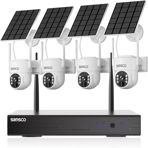 نظام كاميرا أمان SANSCO 2K يعمل بالبطارية الشمسية بدون أسلاك، ومسجل NVR 10 قنوات مع محرك أقراص ثابتة سعة 500 جيجابايت، (4) كاميرا تكبير قابلة للإمالة خارجية بدقة 4 ميجابكسل مع لوحة شمسية، صوت ثنائي الاتجاه، وصول عن بعد in Kuwait