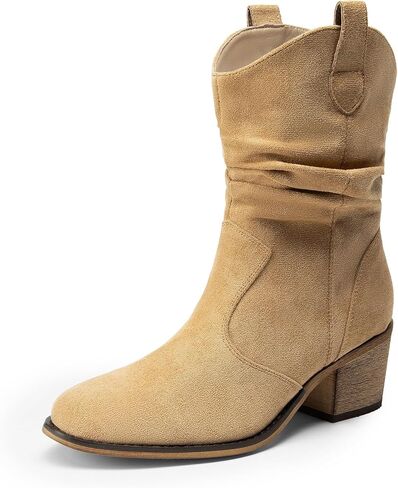 DREAM PAIRS Women's Modern Western Cowboy Boots, Mid Calf Round toe Chunky Heel Cowgirl Country Ankle Boots with Pull On Tabs in Saudi Arabia