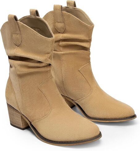 DREAM PAIRS Women's Modern Western Cowboy Boots, Mid Calf Round toe Chunky Heel Cowgirl Country Ankle Boots with Pull On Tabs in Saudi Arabia