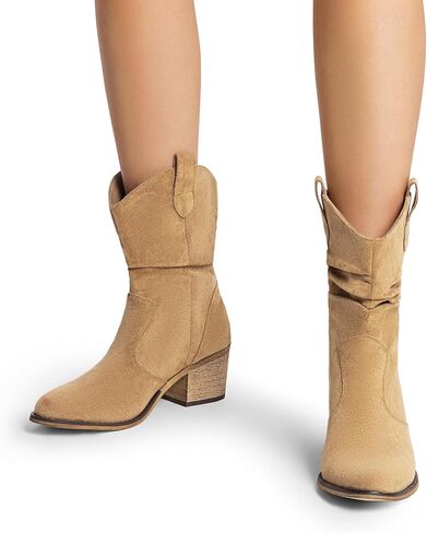 DREAM PAIRS Women's Modern Western Cowboy Boots, Mid Calf Round toe Chunky Heel Cowgirl Country Ankle Boots with Pull On Tabs in Saudi Arabia