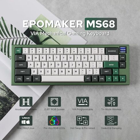 EPOMAKER MS68 Wireless Gaming Keyboard with 0.85" Screen, CNC Aluminum Alloy Mechanical Keyboard, Bluetooth 5.0/2.4ghz/Wired Hot Swappable Custom Keyboard (Black, Wisteria Linear Switch) in Saudi Arabia