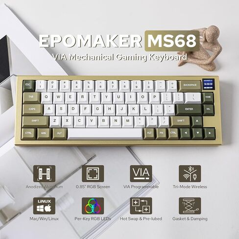 EPOMAKER MS68 Wireless Gaming Keyboard with 0.85" Screen, CNC Aluminum Alloy Mechanical Keyboard, Bluetooth 5.0/2.4ghz/Wired Hot Swappable Custom Keyboard (Black, Wisteria Linear Switch) in Saudi Arabia