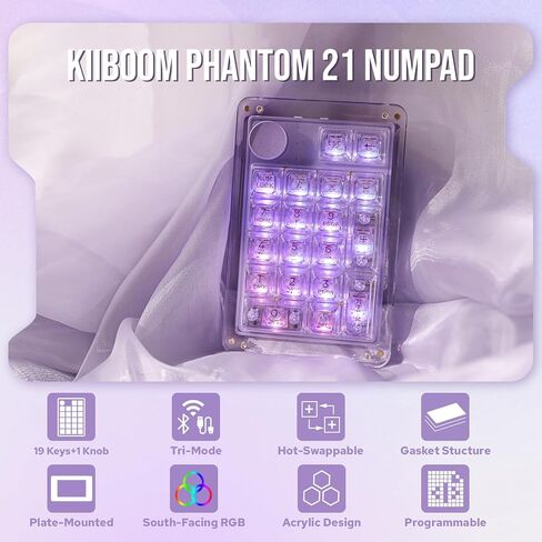 KiiBoom Phantom 21 Hot Swappable Crystal Acrylic Numpad, BT5.0/2.4GHz/USB-C Triple mode NKRO Programmable Numeric Keypad with Knob, South-facing RGB, 1900mAh Battery for Win/Mac (Purple) in Saudi Arabia