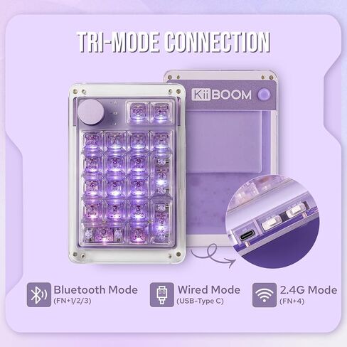 KiiBoom Phantom 21 Hot Swappable Crystal Acrylic Numpad, BT5.0/2.4GHz/USB-C Triple mode NKRO Programmable Numeric Keypad with Knob, South-facing RGB, 1900mAh Battery for Win/Mac (Purple) in Saudi Arabia