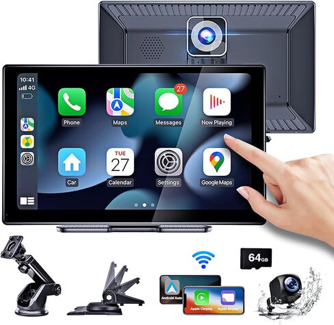 9" Wireless carplay screen for car with Apple Carplay/Android Auto, portable IPS Touch Screen,2.5K Dash Cam,1080P Backup Camera,Voice Control, BT, FM, Mirror Link for All Vehicle，2 types of holders in Saudi Arabia