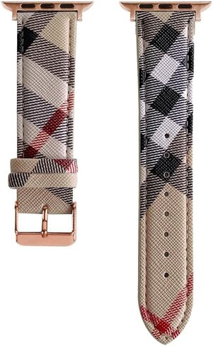 Designer Luxury Band Compatible with Apple Watch 38mm 40mm 41mm 42mm 44mm 45mm 49mm Men Women, Luxury Beige Plaid Leather Replacement Wristbands Adjustable Strap for iWatch SE Ultra 9 8 7 6 5 4 3 2 1 in Saudi Arabia