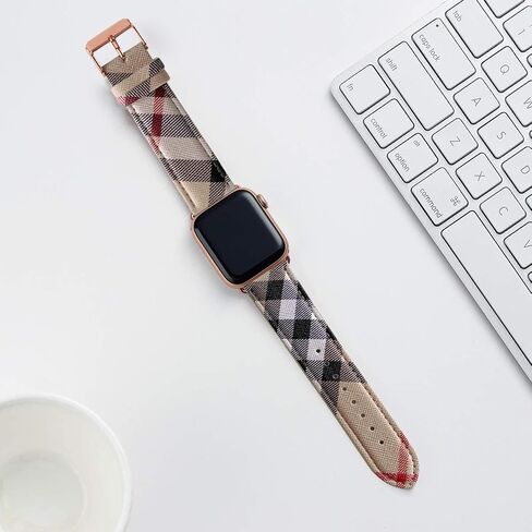 Designer Luxury Band Compatible with Apple Watch 38mm 40mm 41mm 42mm 44mm 45mm 49mm Men Women, Luxury Beige Plaid Leather Replacement Wristbands Adjustable Strap for iWatch SE Ultra 9 8 7 6 5 4 3 2 1 in Saudi Arabia
