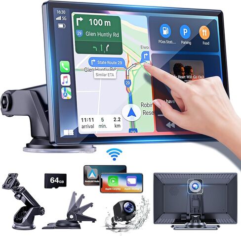 9" Wireless carplay screen for car with Apple Carplay/Android Auto, portable IPS Touch Screen,2.5K Dash Cam,1080P Backup Camera,Voice Control, BT, FM, Mirror Link for All Vehicle，2 types of holders in Saudi Arabia