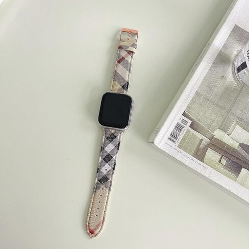 Designer Luxury Band Compatible with Apple Watch 38mm 40mm 41mm 42mm 44mm 45mm 49mm Men Women, Luxury Beige Plaid Leather Replacement Wristbands Adjustable Strap for iWatch SE Ultra 9 8 7 6 5 4 3 2 1 in Saudi Arabia