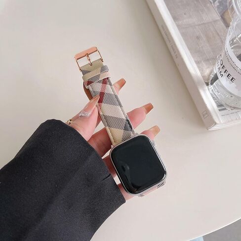 Designer Luxury Band Compatible with Apple Watch 38mm 40mm 41mm 42mm 44mm 45mm 49mm Men Women, Luxury Beige Plaid Leather Replacement Wristbands Adjustable Strap for iWatch SE Ultra 9 8 7 6 5 4 3 2 1 in Saudi Arabia