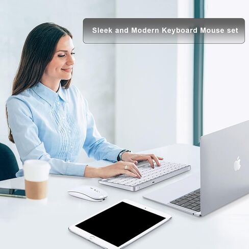 Wireless Keyboard and Mouse compatible with Apple Macbook Imac Bluetooth Keyboard and Mouse with USB Dongle (White Keys Silver Shape) in Saudi Arabia