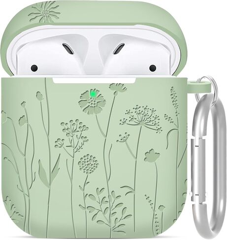 Compatible with AirPods 2nd/1st Generation Case, Soft Silicone Flower Engraved Protective Skin with Keychain for Apple AirPod 2&1, Front LED Visible, Light Green in Saudi Arabia