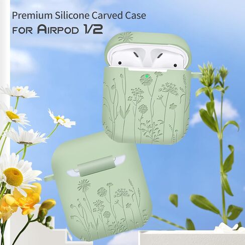 Compatible with AirPods 2nd/1st Generation Case, Soft Silicone Flower Engraved Protective Skin with Keychain for Apple AirPod 2&1, Front LED Visible, Light Green in Saudi Arabia