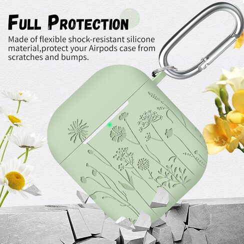 Compatible with AirPods 2nd/1st Generation Case, Soft Silicone Flower Engraved Protective Skin with Keychain for Apple AirPod 2&1, Front LED Visible, Light Green in Saudi Arabia