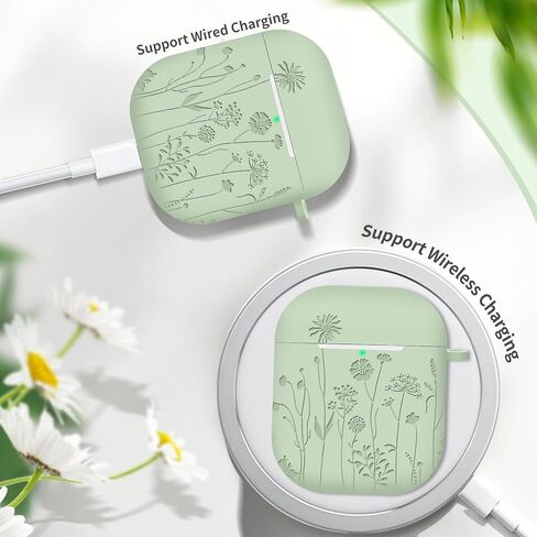 Compatible with AirPods 2nd/1st Generation Case, Soft Silicone Flower Engraved Protective Skin with Keychain for Apple AirPod 2&1, Front LED Visible, Light Green in Saudi Arabia