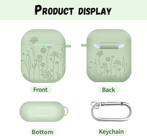 Compatible with AirPods 2nd/1st Generation Case, Soft Silicone Flower Engraved Protective Skin with Keychain for Apple AirPod 2&1, Front LED Visible, Light Green in Saudi Arabia