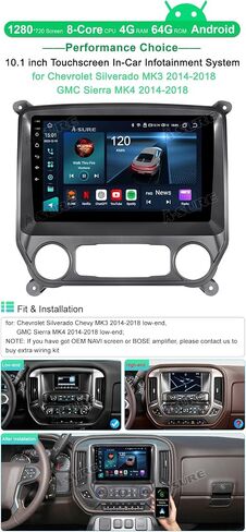 ASURE 10.1" Car Stereo Radio GPS Navigation Unit for Chevrolet Silverado 2014-2018 GMC Sierra Base(Low-end),8Core 4+64GB Android with Wireless Carplay,Android Auto,1280x720 Touchscreen Video Player in Saudi Arabia