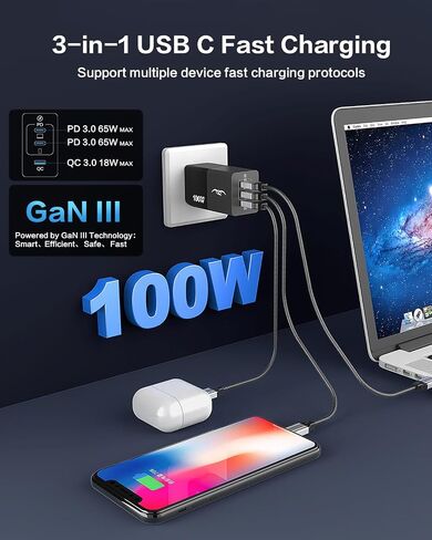 شاحن حائط USB C بقدرة 65 وات: محطة شحن سريعة بـ 3 منافذ GaN III، محول شاحن حائط مدمج قابل للطي لأجهزة MacBook Pro/Air، HP، Dell XPS، iPhone 15/14/Pro، iPad Pro/Air، Galaxy S23، Steam Deck، إلخ in Saudi Arabia