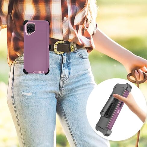 Case with Belt-Clip Holster for Galaxy A12 Drop Protection Full Body Rugged Shock Proof 3-Layer Military Protective Tough Durable Phone Cover Heavy Duty for Samsung A12 (Hot Pink/White) in Saudi Arabia