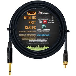 WORLDS BEST CABLES 35 Foot – TS to RCA Cable – Gotham GAC-4/1 (Black) Star-Quad Audio Interconnect Cable & Neutrik NP2X-B & Amphenol ACPL-CBK Gold Plugs - CUSTOM MADE