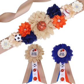 Sport Baby Shower Maternity Sash Kit - Soccer Basketball Baseball Belly Belt and Mom to Be & Dad to Be Corsage Pins, New Parents Pregnancy Photo Props Party Supplies