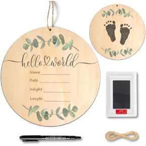 Baby Birth Announcement Sign with Marker Pen, Wooden Hello World Newborn Sign with Ink Pad for Baby Hand and Footprints, Double-sided Newborn Announcement Sign for Baby Shower Photo Prop Keepsakes