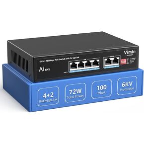 [Upgraded] 6-Port PoE Switch with 4 Port PoE, VIMIN 4-Port Unmanaged 10/100Mbps Network PoE Switch with 2 Uplink Ports, AI Watchdog, VLAN, Extend 250m, Support IEEE802.3af/at, 72W PoE Power