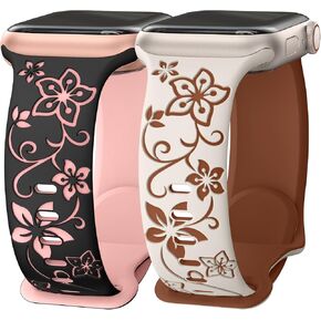 Floral Engraved Bands Compatible with Apple Watch Band 41mm 40mm 45mm 44mm 38mm 42mm 49mm Women, Soft Silicone Cute Two-Tone Fancy Flower Sport Strap for iWatch Series SE 9 8 7 6 5 4 3 2 1 Ultra 2