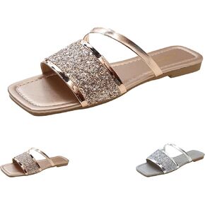 Women's Rhinestones Square Toe Open Toe Flat Slippers,Slip On Flat Sandals in Sparkling Crystals,Fashionable Sparkling Glitter Ankle Strap Low Heel Casual Beach Flip Flops