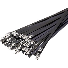 304 Stainless Steel Cable Ties Heavy Duty Self-locking Metal Zip Ties for Chain Link Fence Vehicles Exhaust Wrap Pipes Heat Shields Outdoor Applications, 50Pcs (0.18 x 4 Inch, Black)