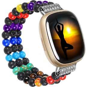 7 Chakra Healing Bracelet Lava Rock Beaded Band Compatible with Fitbit Versa 3/Fitbit Sense Bands Wristband for Fitbit Sense/Versa 3
