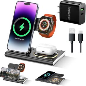 Brookstone 3-in-1 Wireless Charging Station for Apple iPhone, Watch & AirPods iPhone 15 14 13 12 11 Pro Max/Plus/Mini/X/XS/Max/XR/SE, Apple Watch Ultra Series 9 8 7 6 SE 5 4 & Airpods Pro 2 3 Black