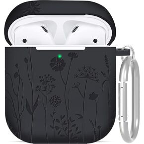 Compatible with AirPods 2nd/1st Generation Case, Soft Silicone Flower Engraved Protective Skin with Keychain for Apple AirPod 2&1, Front LED Visible, Light Green