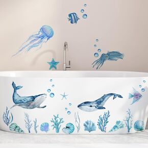 Marine Animal Wall Stickers, Sea Fish Whale Jellyfish Seaweed Wall Decals Ocean Self-Adhesive Mural Removable Wall Art Sticker for Baby Nursery Kids Bedroom Playroom Daycare Classroom Decor