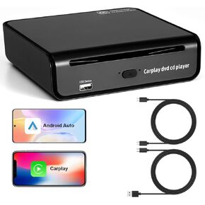Portable External USB/Type-C CD DVD Player for Car with Built-in Wireless CarPlay & Android Auto Adapter,CarPlay DVD Player Used for Vehicles Factory or Aftermarket Radio with Wired CarPlay