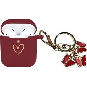 Compatible with AirPods Case Cover, Soft Silicone Case with Gold Heart Pattern for AirPods 2&1 Generation Case with Cute Butterfly Keychain for Girls Women (Black)