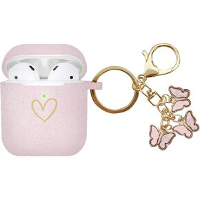 Compatible with AirPods Case Cover, Soft Silicone Case with Gold Heart Pattern for AirPods 2&1 Generation Case with Cute Butterfly Keychain for Girls Women (Black)