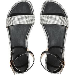 SweatyRocks Women's Rhinestone Decor Ankle Strap Flat Sandals Open Toe Single Band Summer Flat Shoes