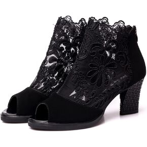Women's Flowers Lace Fish Mouth Open Toe High Heels Sandals with Back Zipper Cutout Breathable Non-Slip Block Heeled Ankle Bootie Sandals Fashion Wedding Party Dress Shoes