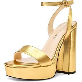 HDEUOLM Womens Chunky Block High Platform Heel Open Toe Square Toe Sandals Ankle Strap Buckle Prom Dress 5.3 Inches Heels