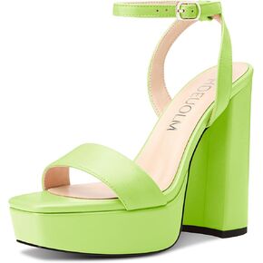 HDEUOLM Womens Chunky Block High Platform Heel Open Toe Square Toe Sandals Ankle Strap Buckle Prom Dress 5.3 Inches Heels