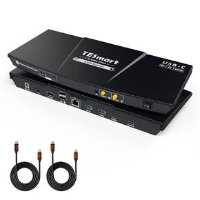 TESmart 8K@60Hz USB C KVM Switch 2 Laptops 1 Monitor, USB3.0 KVM Switch 2 ports 4K@144Hz, Type C 60W Charging for Laptop, 1G Ethernet, EDID, Hotkey Switch, ADI Chip for Gaming & Home Office