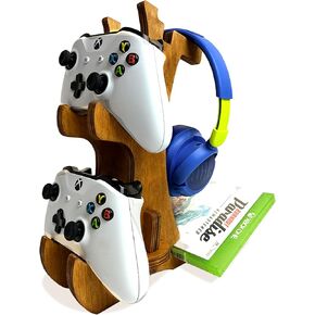 Wooden Controller Stand PS5-3 Tier Dual Game Controller Holder, Headphone Hanger and Phone Stand - Universal Gaming Acessories and Gamer Gift - Portable Headset Storage Organizer
