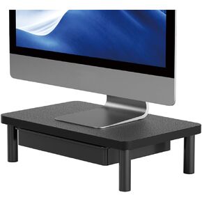 Sleek Wooden Monitor Stand Riser with Drawer, Height Adjustable Computer Monitor Stand for Perfect Ergonomic Eye Level, Multifunctional Desktop Organizer Stand for Laptop, PC, Printer(Black)