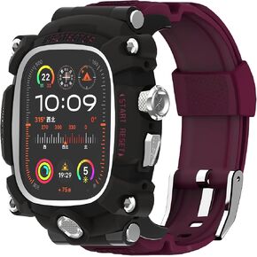 iG-3100 Modified Watch Case for Apple Watch Ultra 2 49mm Band with Cover Rugged Case Silicon Strap for Apple Watch Ultra 1 49mm Full Protective Cover for men（Burgundy）