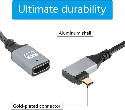 كابل محول RIIEYOCA 4K Micro HDMI إلى HDMI، زاوية قائمة Micro HDMI ذكر إلى HDMI أنثى ألومنيوم قصير من النايلون المضفر، يدعم 4K UHD، لأجهزة الكمبيوتر المحمول، جهاز العرض، التلفزيون، الشاشة، كاميرا الفيديو (الكابل: 20 سم) in Saudi Arabia