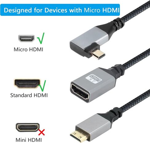 كابل محول RIIEYOCA 4K Micro HDMI إلى HDMI، زاوية قائمة Micro HDMI ذكر إلى HDMI أنثى ألومنيوم قصير من النايلون المضفر، يدعم 4K UHD، لأجهزة الكمبيوتر المحمول، جهاز العرض، التلفزيون، الشاشة، كاميرا الفيديو (الكابل: 20 سم) in Saudi Arabia