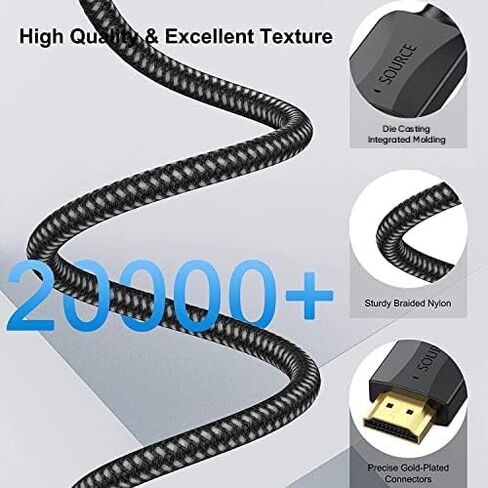 كابل HDMI 6.6 قدم، كابل HDMI رفيع 4K مضفر 6.6FT - كابل HDMI 2.0 عالي السرعة ذكر إلى ذكر مرن 4K @ 60 هرتز HDR 3D HDCP 2.2 | للسينما والتلفزيون والكمبيوتر المحمول والشاشة وPS5 وPS4 وXbox والمزيد in Kuwait