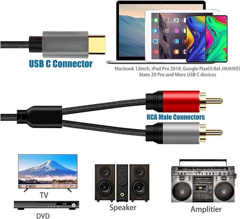 USB C to 2 RCA Audio Cable 5Ft, Type C to 2rca Jack Aux Auxiliary Stereo Splitter Adapter Audio Line Compatible with Home Theater Amplifier DVD TV Speaker.…… in Saudi Arabia